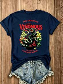 Double Sided Graphic Women's T-Shirt, Red Venomous Snake Floral Print, Classic Americana 100% Cotton Unisex Tee, Casual Everyday Summer Top - 藏青色 - 查看 2