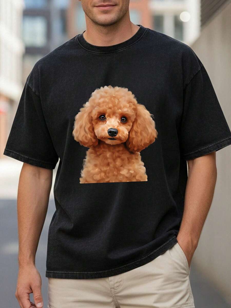 Casual T-Shirt With Poodle Dog Print For Everyday Wear In Summer And Spring - 黑色 - 查看 1