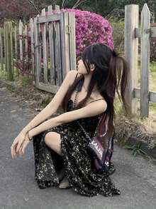 女款花卉波西米亞風優雅可愛荷葉邊層次感休閒晚宴約會中長洋裝 度假黃色夏季 - 黃色 - 查看 3