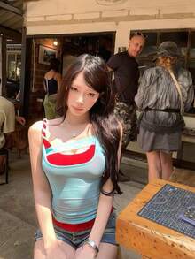 Hot Girl Color Block Patchwork Camisole Tank Top Women Summer Layering Slimming Waist-Cinched Sleeveless Top Casual Red - Red - View 3