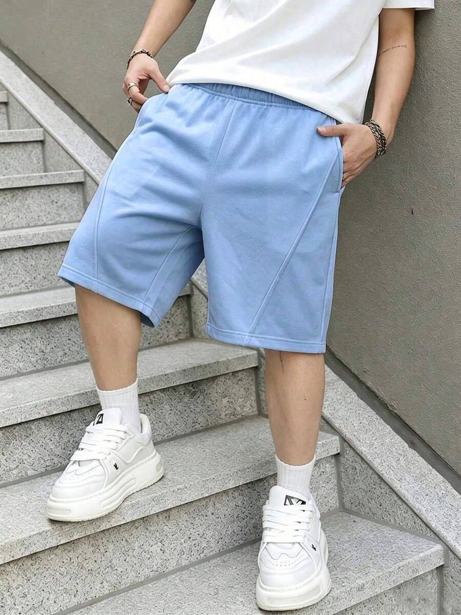 1件男童休閒運動寬鬆版型前裝飾百慕達短褲,春夏秋季適用 - 淺藍色 - 查看 1