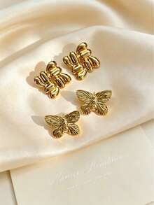 French Vintage Butterfly 304 Stainless Steel Stud Earrings, Two 3D Textures, Gentle Luxury Style, Suitable For Dates, Parties, Graduation Season, Daily School, Holiday Gifts, Workplace, Commuting, Creating High-End Style, Evening Banquets, Travel, Casual Shopping, Finely Polished And Comfortable Fit, Summer Garden/Beach Party Birthday Focus, Must-Have For Summer Travel - Multicolor - View 1