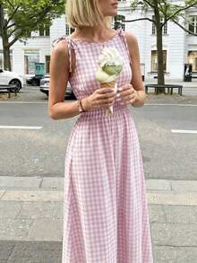 maxi a cuadros marrones 2026 para mujer, con tirantes de lazo y cintura fruncida con volantes, estilo minimalista casual y perfecto para vacaciones y uso diario - Rosa Pálido - Ver 1
