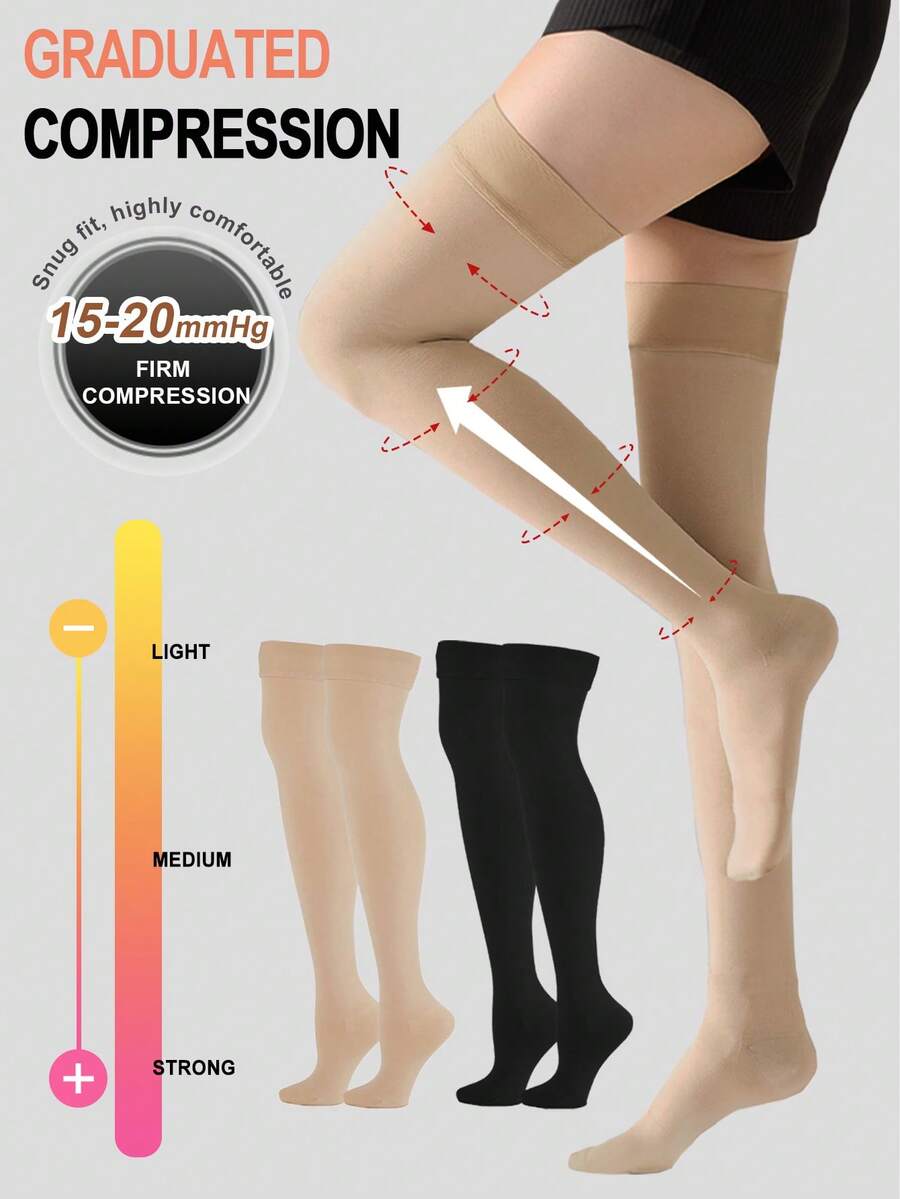 1 Pair Women's Thigh High Compression Stockings - Graduated Compression, Lightweight Breathable, Closed Toe Non-Slip, Recommend Sizing Up For Comfort & Warmth - Multicolor - View 1