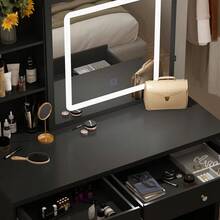 Vanity Dressing Table With Adjustable LED Lighting, Makeup Dressing Table With 5 Drawers And 3 Open Shelves, Makeup Table, Adjustable Illuminated Touchscreen Mirror - Negro-Izquierda - 查看 7