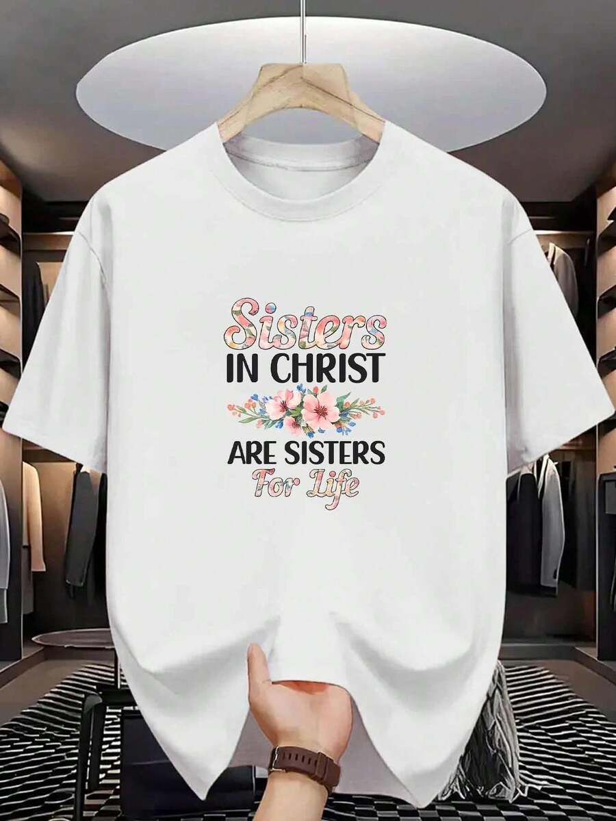 Camiseta de algodón para hombre Christian Sister con estampado floral de cita sobre fe y amistad, algodón de alta calidad, estampado exquisito, duradera, casual y a.