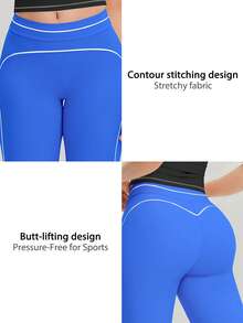 NcmRyu Women's 1pc Contrast White Line Hip-Lifting Slim Fit Flare Long Pants - Blue - View 4