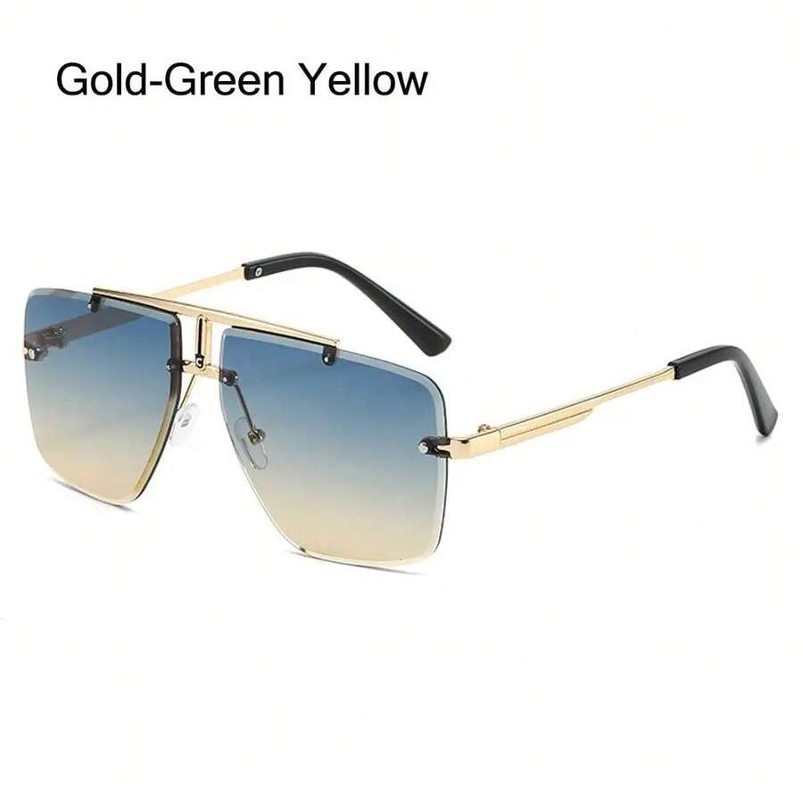 Men's Square Rimless With Double Bridge And Frame, With Protection And Gradient Lenses - Gold-green Yellow - View 1