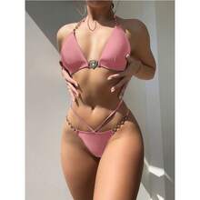 Nuovo costume da bagno bikini sexy stile triangolo con catena colore unito per donna - nero - Visualizzare 8