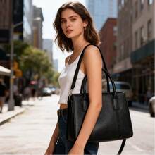Black Litchi-Grain Tote Bag With Top Handle & Detachable Strap - Black - View 4