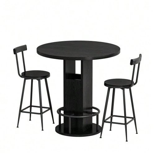 Conjunto de mesa e banquetas de bar com 3 peças: mesa redonda de 80 cm com duas banquetas, mesa de jantar de madeira com apoio para os pés em formato de anel de metal. Adequado para salas de jantar, cafés, bares, salas de estar, etc. Cor: Nogueira. - Preto - Ver 1