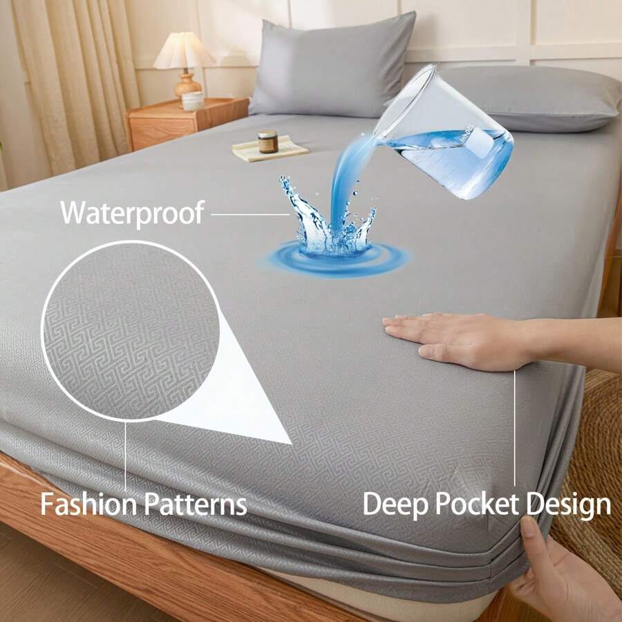 1pc Waterproof Fitted Sheet, Fashion Pattern Multiple Colors, Soft Breathable Mattress Protector, Suitable For Dormitory Bedroom Hotel Bedding, Pillowcase Not Included - Light Grey - View 1