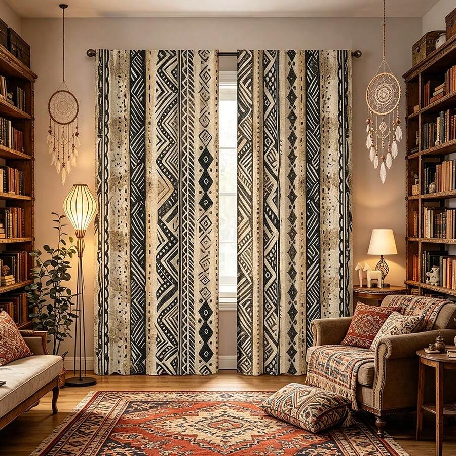 2PCS Bohemian Curtains, Pole Pocket Design, Privacy Protection, Including Vertical Stripes And Geometric Patterns, Suitable For Bedrooms/Living Rooms, Machine Washable, Suitable For All Seasons, Versatile Decorative Curtains - Multicolor - View 1