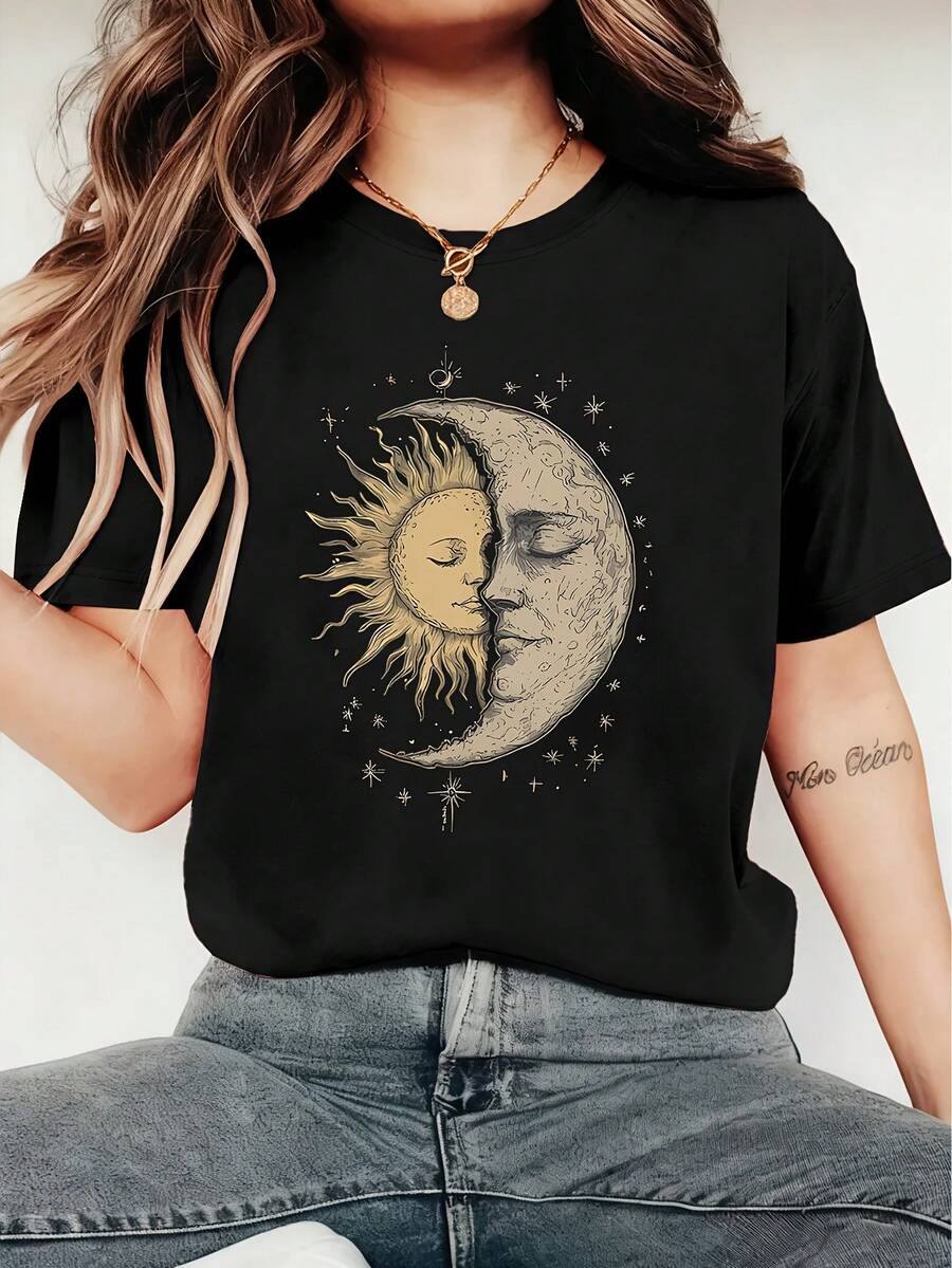 Camiseta de Manga Corta con Estampado Espiritual de Luna Celestial y Sol Radiante, Estilo Vintage, Moda Casual para Exteriores, Tela Ligera y Transpirable