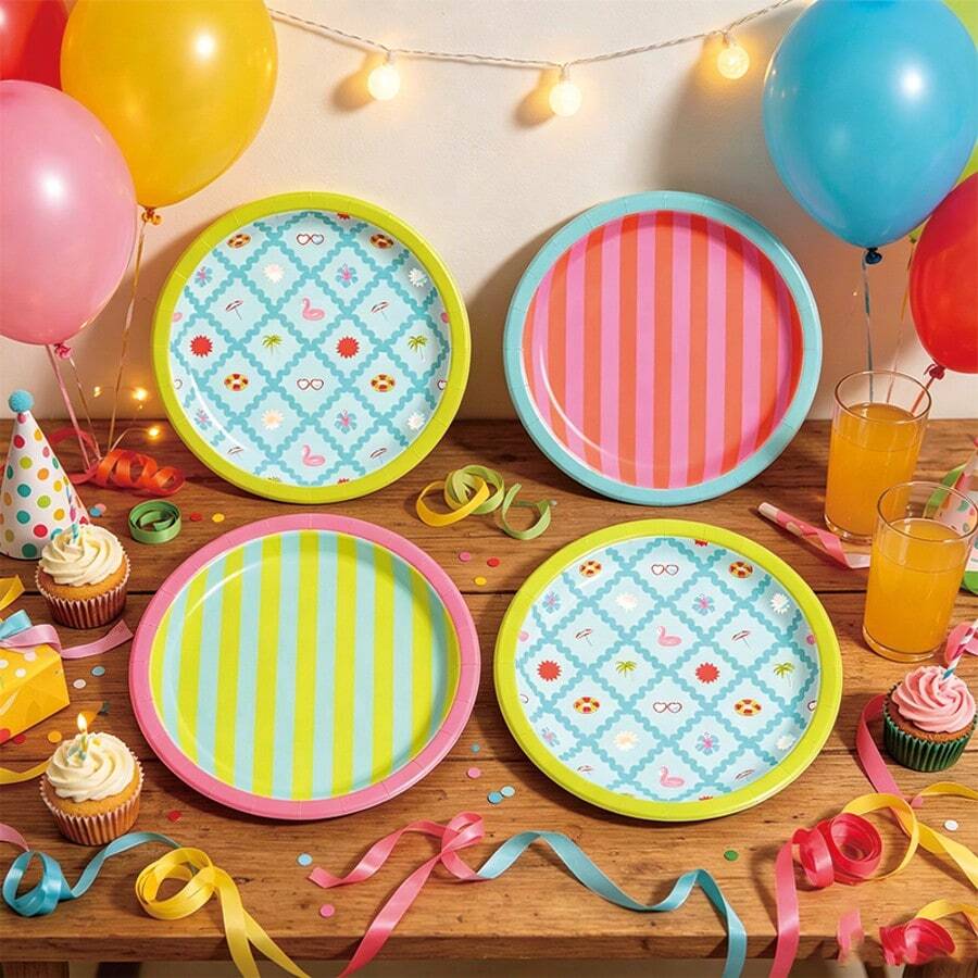 10pcs/30pcs/60pcs Piring Kertas Pesta Kolam Renang Warna-warni, 3 Desain 24 Pcs Dekorasi 7" , Motif Semangka, Motif Kacamata Modis, Dekorasi Ulang Tahun Musim Panas, Dekorasi Meja Bergaris, Penataan Meja Warna-warni untuk Pria dan Wanita - MultiWarna - View 1
