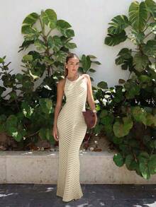 New Women's Sleeveless Knitted Summer Dress, Casual Beach Resort Style, Elegant Fitted Dress, Solid White Color, Bohemian Style Beach Cover-Up For Vacation - 軍綠色 - 查看 1
