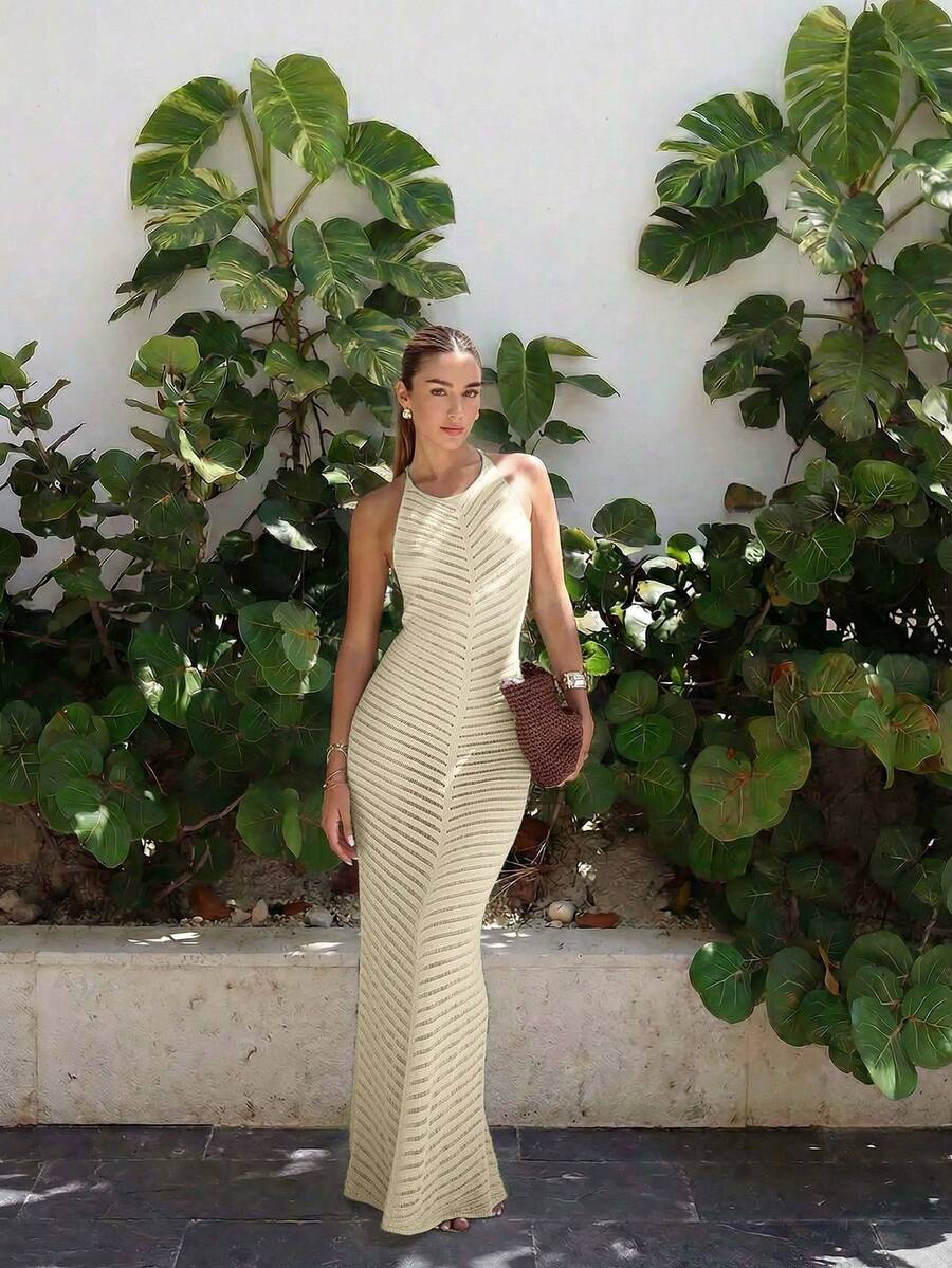 New Women's Sleeveless Knitted Summer Dress, Casual Beach Resort Style, Elegant Fitted Dress, Solid White Color, Bohemian Style Beach Cover-Up For Vacation - 軍綠色 - 查看 1