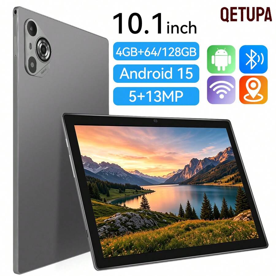 Qetupa 10.1-Inch Android 15 Tablet PC, 4GB RAM + 64GB/128GB ROM, X15 MTK 6762 Octa-Core 2.0GHz Processor, HD (1280x800) IPS Touchscreen, 5MP Front Camera And 13MP Rear Camera, 6000mAh Large Battery, Bluetooth 5.2 And 802.11ac WiFi5, GPS, No SIM Card Slot, Suitable For Reading And Gaming. Lightweight And Durable Design With Reinforced Glass, Enjoy Entertainment Anytime Anywhere.