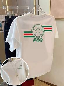 Women's Vintage Crew Neck T-Shirt, Double-Sided POR Football Print, Comfortable, Classic Casual For Everyday Wear - 白色 - 查看 1