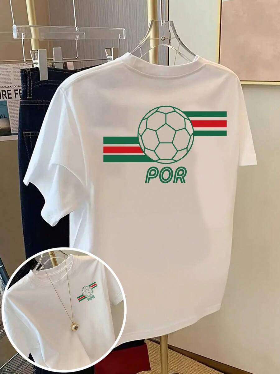 Women's Vintage Crew Neck T-Shirt, Double-Sided POR Football Print, Comfortable, Classic Casual For Everyday Wear - 白色 - 查看 1