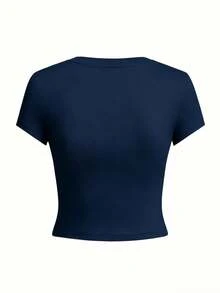 Summer New Fashionable Versatile Casual Shell & Starfish Beach Print Round Neck Short Sleeve T-Shirt For Women Vacation - Navy Blue - View 7