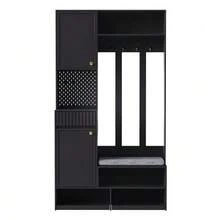 Wardrobe Set, Complete Hallway Wardrobe Set With Bench, 4 Hooks, Doors & Drawers, Compact Dimensions 100*180*35 Cm (W*H*D) - Black - View 9