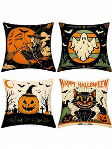 4 piezas de fundas de almohada de poliéster con tema de Halloween (17.72 X 17.72 pulgadas), con patrones de calabaza, gato negro, bruja, fantasma y murciélago, adecuadas para la decoración del hogar, sofá y sala de estar en las vacaciones de invierno de Halloween (rellenos de almohada no incluidos) - multicolor - Ver 7
