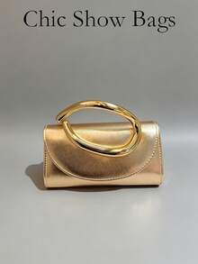 1 Stück modische Mini-Clutch mit Metalldekor, elegante glänzende Damenhandtasche mit Metallstreifen-Dekor, geeignet für Abendkleid, Party, Hochzeit, Ball, mit Metallkette, Party-Tasche, Hochzeitszubehör - Gold - Übersicht 12