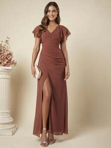 Dresses For WomenBelle Butterfly Sleeve Split Thigh Wrap Bridesmaid Dress Wedding Guest Dress Elegant Dressdresses - 鏽棕色 - 查看 1