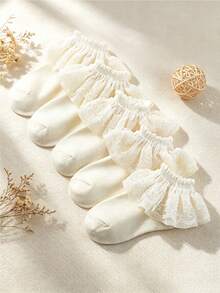 1/5 双女孩米色休闲荷叶边蕾丝边袜，透气公主风格舞蹈袜适合日常穿着、返校、舞蹈表演、春夏 - 米色 - 查看 1