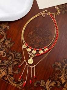 3 Piezas/Set Collar de Flecos de Cristal Falso Estilo Boho, Accesorio de Cadena Gargantilla con Colgante Redondo Versátil y de Moda - conjunto de collar - Ver 4
