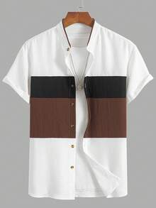 Men's Loose Casual Fashion 2-Piece Set, Short Sleeve Open Front Shirt With Drawstring Shorts, Colorblock Patchwork Style - Rust Brown - View 5