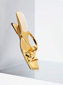 Rollcall Women's Square Toe Criss-Cross Strap Gold High Heel Sandals, Casual Versatile Open Heel Mule Sandals For Summer - Gold - View 1