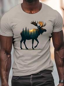 Camiseta de manga corta con cuello redondo para hombre, estampado de bosque con silueta de alce, estilo veraniego, talla. - Blanco - Ver 10