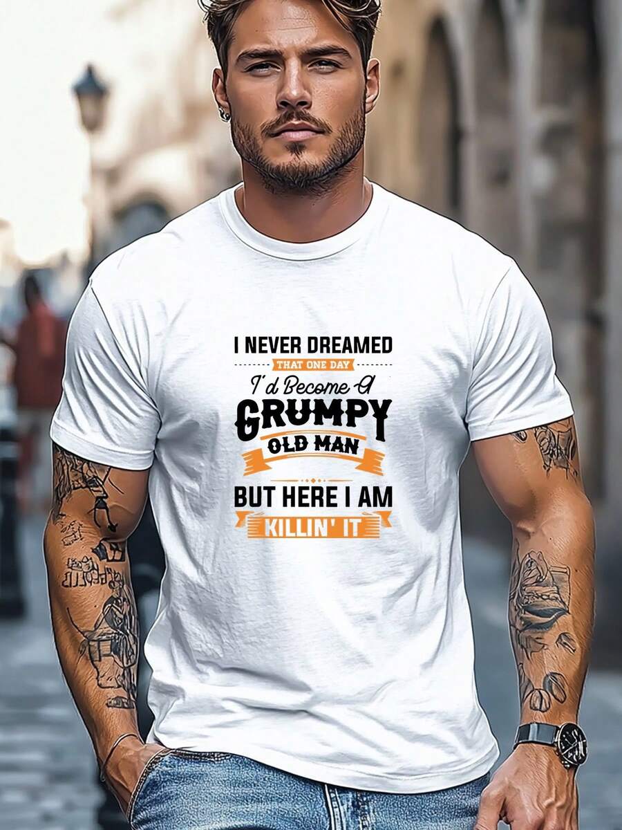 Camiseta de hombre de talla, relajada y casual, sencilla y limpia, con estampado gráfico del eslogan NUNCA PENSÉ QUE EN UN DÍA SERÍA ASÍ, de manga corta y cuello redondo, para verano. - Blanco - Ver 1