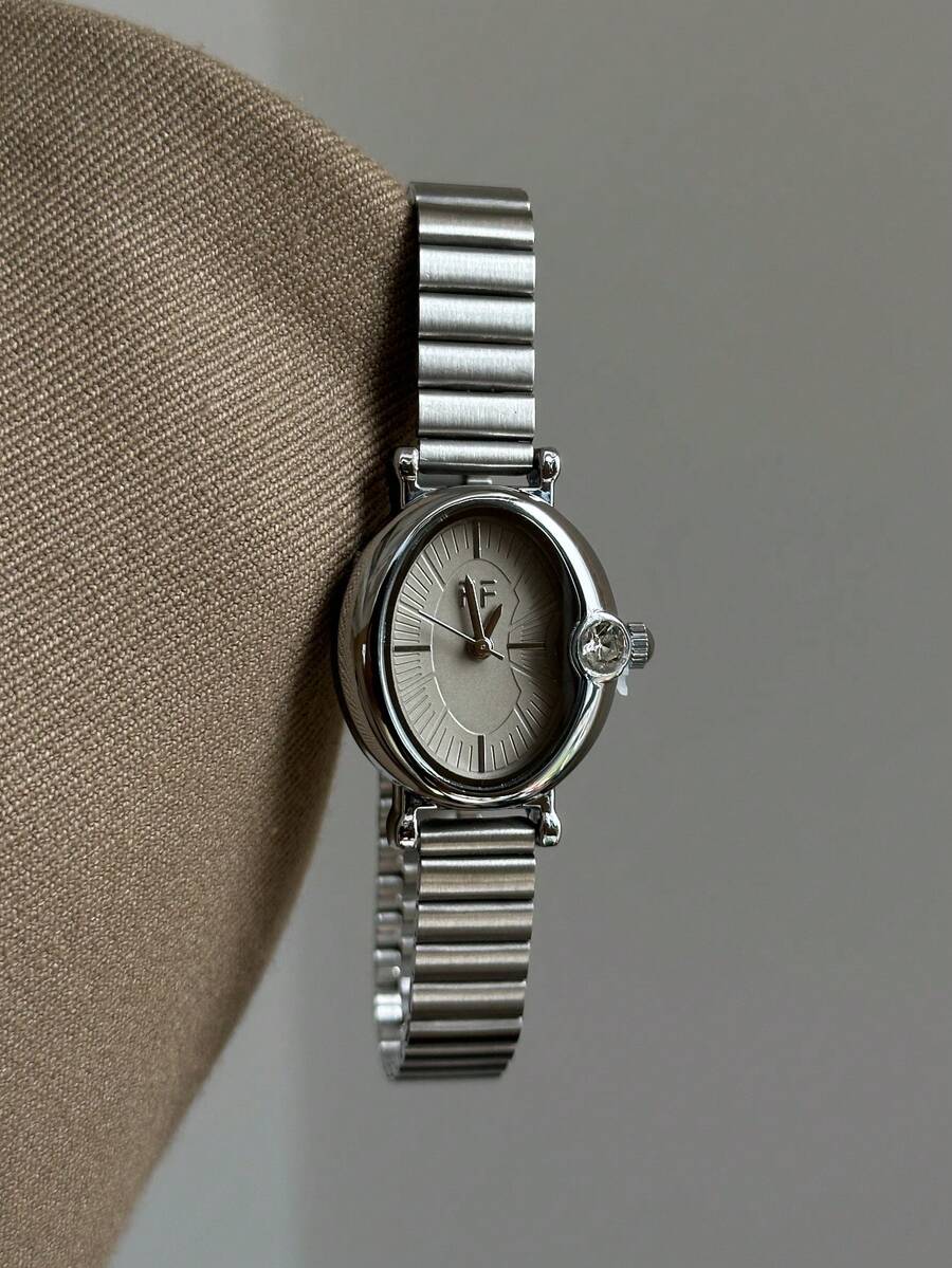 1pc Women's Oval Silver Black Square Gold Dial Quartz Casual Watch, Suitable For Daily Wear - Silver - View 1