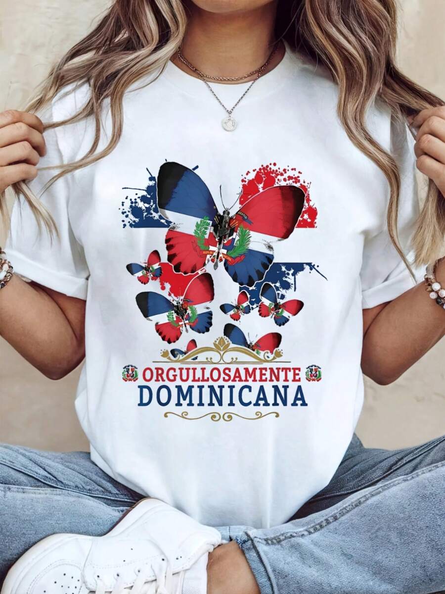 1 camiseta de mujer con estampado de mariposa y bandera de República Dominicana, moderna, casual, cómoda y versátil, regalo perfecto para las vacaciones. - negro - Ver 1