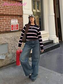 HoloChill 女士休闲圆领撞色条纹套头毛衣，2026 夏季休闲新款音乐节 - 黑色 - 查看 2