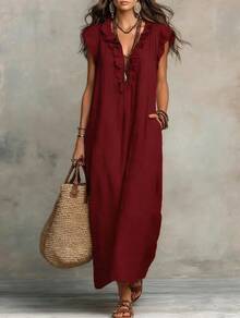 2026 European And American Spring And Summer New Bohemian Flying Sleeves And Ground Length - Burgundy - View 6