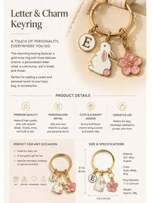 Customizable Initial Spring Cherry Blossom Keychain Set, Pink Flower Rabbit Pendant, Forest Fairy Style Key Ring, Unisex Car Key Fob, Daily & Holiday Accessory, Cute Style Keychain Suitable For Bags, Women's Accessories, Customized Tags, Gift For Women - White Rabbit + Pink Flower - View 6
