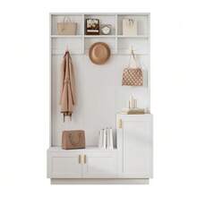 Hallway Set With Bench And Shoe Rack, Multifunctional Storage Bench With 3 Hanging Hooks And Open Storage Space, Rectangular Storage And Shelving Unit For Hallway, White, Dimensions: H200/W120/D40 Cm - 白色 - 查看 1