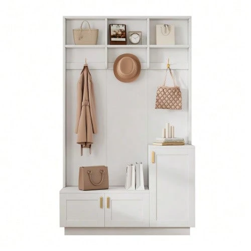 Hallway Set With Bench And Shoe Rack, Multifunctional Storage Bench With 3 Hanging Hooks And Open Storage Space, Rectangular Storage And Shelving Unit For Hallway, White, Dimensions: H200/W120/D40 Cm - 白色 - 查看 1