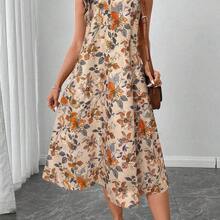 LUNE Vestido midi casual y elegante de cuello redondo, sin mangas, con bajo acampanado y estampado floral retro - Multicolor - Ver 2