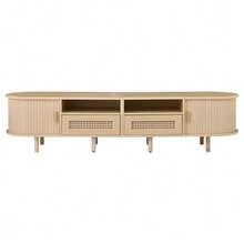 Mueble de TV ovalado de 170 x 40 x 40 cm con 2 cajones de ratán, 2 puertas correderas, mesa de centro y mueble para televisores de hasta 70 pulgadas, acabado en nogal. - Camel - Ver 8