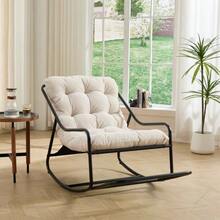 Outdoor Rocking Chair, Comfy Cushion, With Soft Thick Cushion, For Living Room, Bedroom, Reading Room, Black Frame With White Cushion - White - View 3
