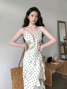 Elegant Polka Dot Cami Maxi Dress With Tiered Ruffle Hem, Satin-Like - Apricot - View 2