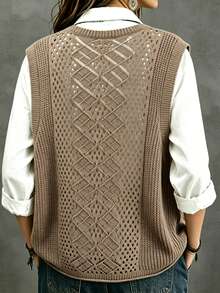 Plus Size Women's Spring/Autumn Casual Versatile Hollow Diamond Pattern Vest Loose V-Neck Mid-Length Layering Sleeveless Tank Top - Camel - View 3