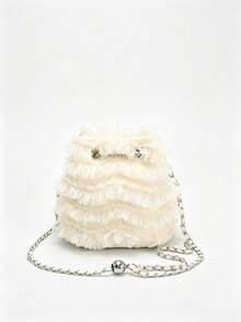 Cream Tulle Ruffle Bucket Bag, Faux Pearl Drawstring Chain Crossbody Bag, 2025 Ballet Fairy Style Women's Teen Handbag, Suitable For Bride/Date/S - Apricot - View 5