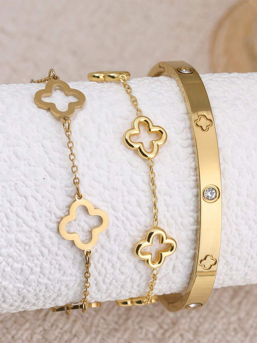 3pcs/1pc Fashion Commuter Style Stainless Steel Jewelry Set With Clover Design, Suitable For Women's Commuting Or Daily Wear, Also A Great Gift For Friends - Yellow Gold - View 1