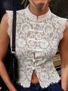 Women's New Chinese Style Frog Button Lace Vest, Stand Collar Sleeveless Crop Top, Modified Cheongsam Style Tank Summer - White - View 3